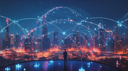 Fototapeta premium Abstract business man stands on the peak of success amid tall, innovative Smart city and graphs with statistics to analyze business potential and predict future developments in company growth.