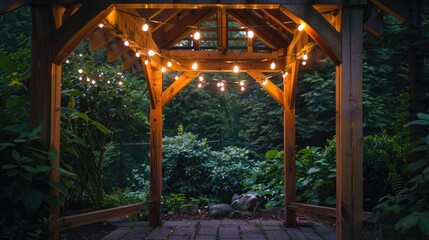 A wooden gazebo in a garden, softly lit by string lights hanging from the beams