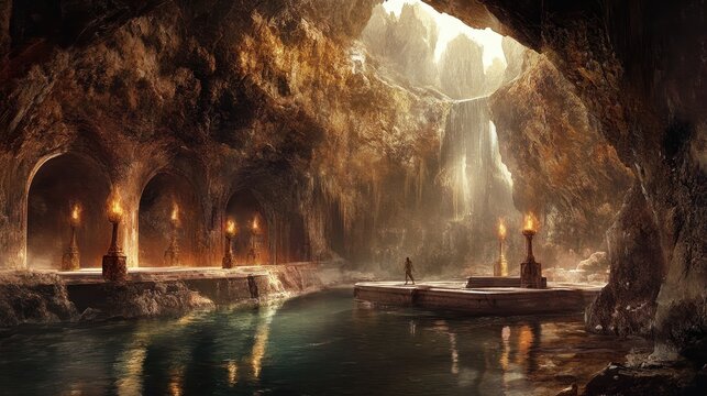 A lone figure stands in a cavern illuminated by torches and a waterfall.
