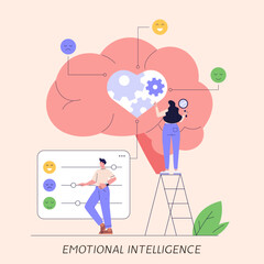 People managing and improving emotional intelligence. Self control feeling, balance of emotions and brain. Concept of personal soft skills, mental health, self regulation. Vector illustration