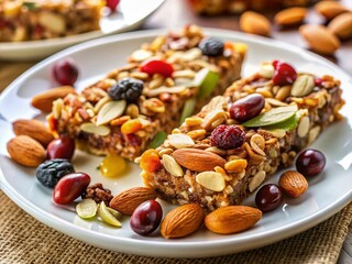 Fototapeta premium Homemade Granola Bar Macro Photography: Nuts, Seeds, & Dried Fruits on White Plate