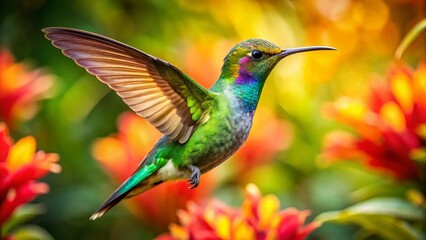 Fototapeta premium Hummingbird in Flight, Vibrant Tropical Flowers, High Depth of Field Stock Photo