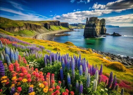 Icelandic Summer Landscape: Vibrant Flowers & Dramatic Coastline - Powered by Adobe