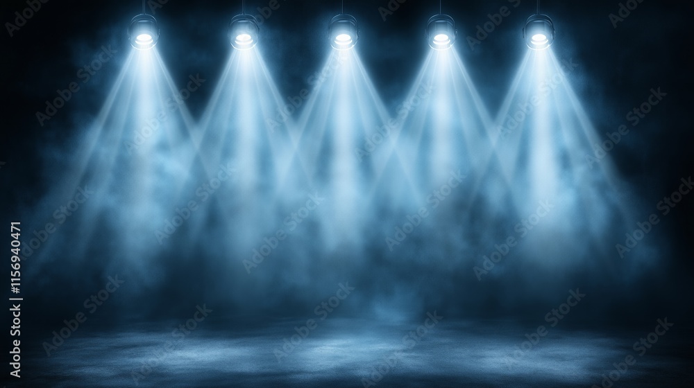 Poster abstract background of five spotlights shining on an empty stage filled with smoke, creating a drama
