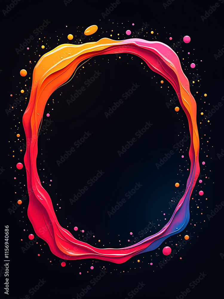 Poster vibrant abstract acrylic splatters form rounded shapes with blank space for text on a stark black ba