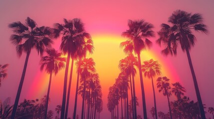Tall Palm Trees Under a Vibrant Rainbow Sky