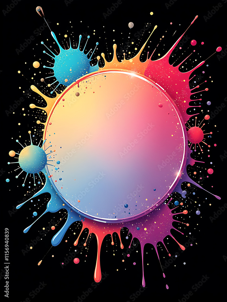 Poster vibrant abstract acrylic splatters form rounded shapes with blank space for text on a stark black ba