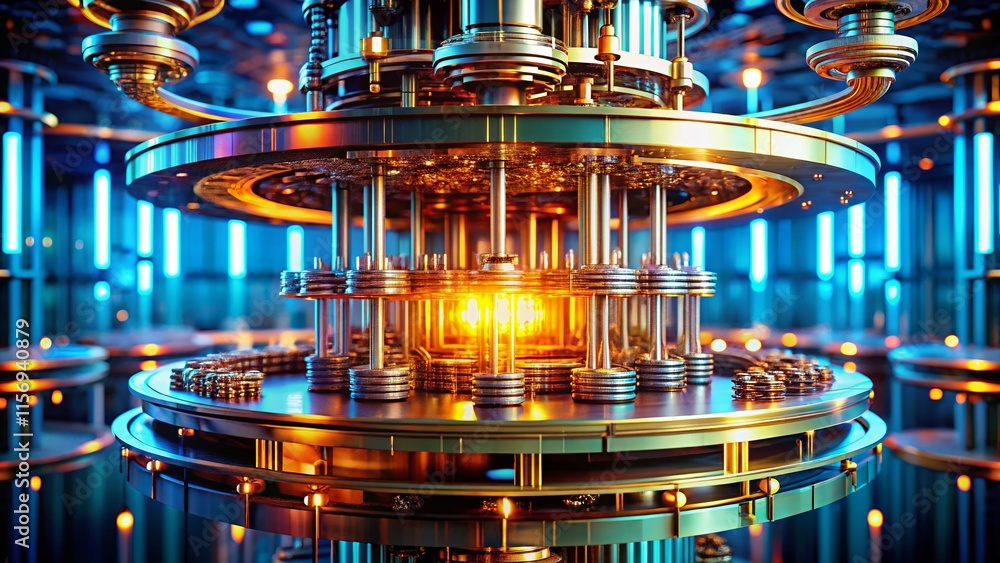 Poster imposing quantum computer core: candid shot of advanced technology & immense computing power