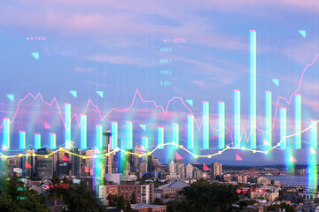 Seattle skyline with futuristic holographic financial graphs overlay and a violet sky. Double exposure