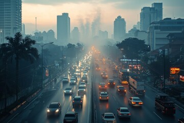 Air pollution in crowded city full of fog and smoke