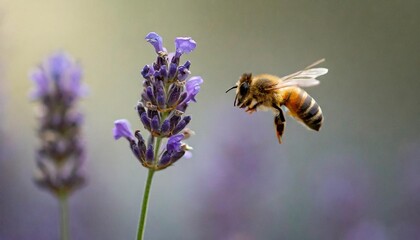 Bee hovering near a lavender flower with a blurred background