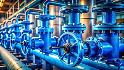 Obraz premium Industrial Blue Pipes with Valves - High-Resolution Stock Photo