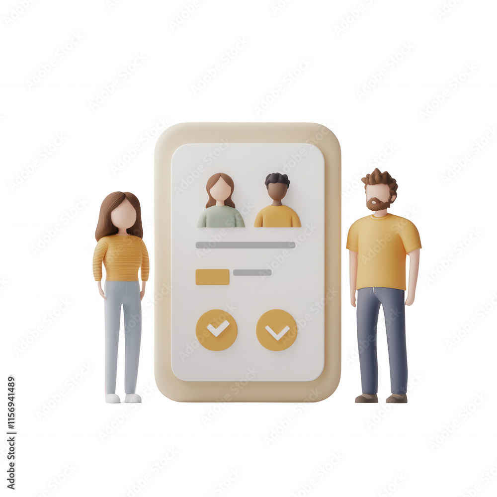 Poster three diverse characters interacting with a modern digital interface., isolated on a transparent bac