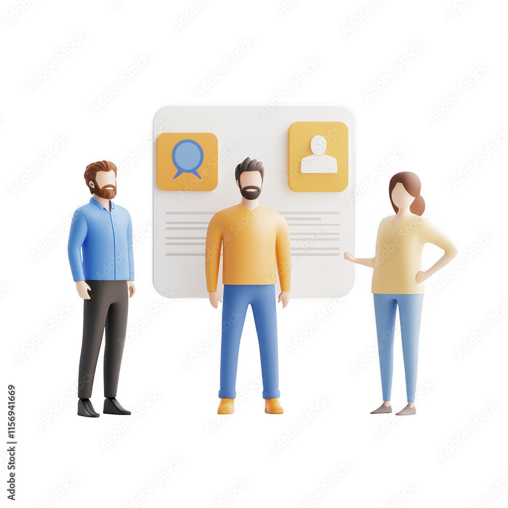 Poster three professionals engaging in a collaborative discussion with digital elements., isolated on a tra