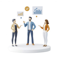 Three professionals discussing data insights and strategies in a modern office., isolated on a transparent background.