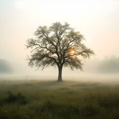 Misty autumn landscape, solitary tree
