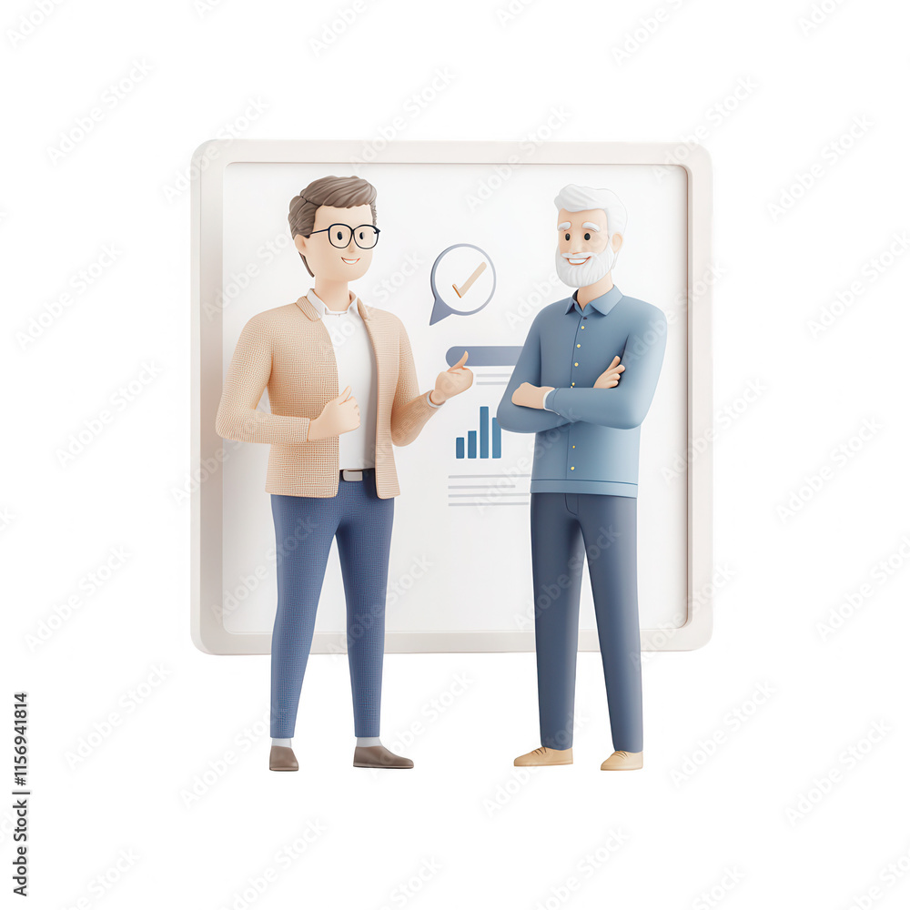 Poster two business professionals engaging in a discussion with a graph backdrop., isolated on a transparen