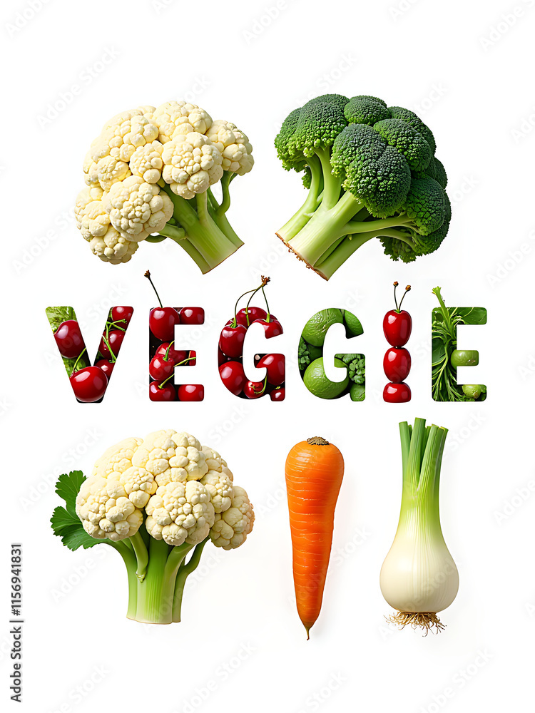 Poster veggie words isolated on white background feature a collage of cauliflower cherry carrot and leek im