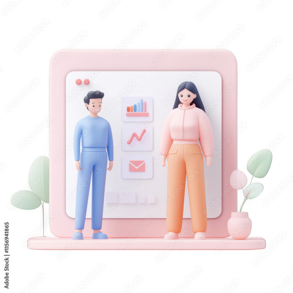 Aufkleber two characters collaborating on a digital project with presentations and data visuals., isolated on 