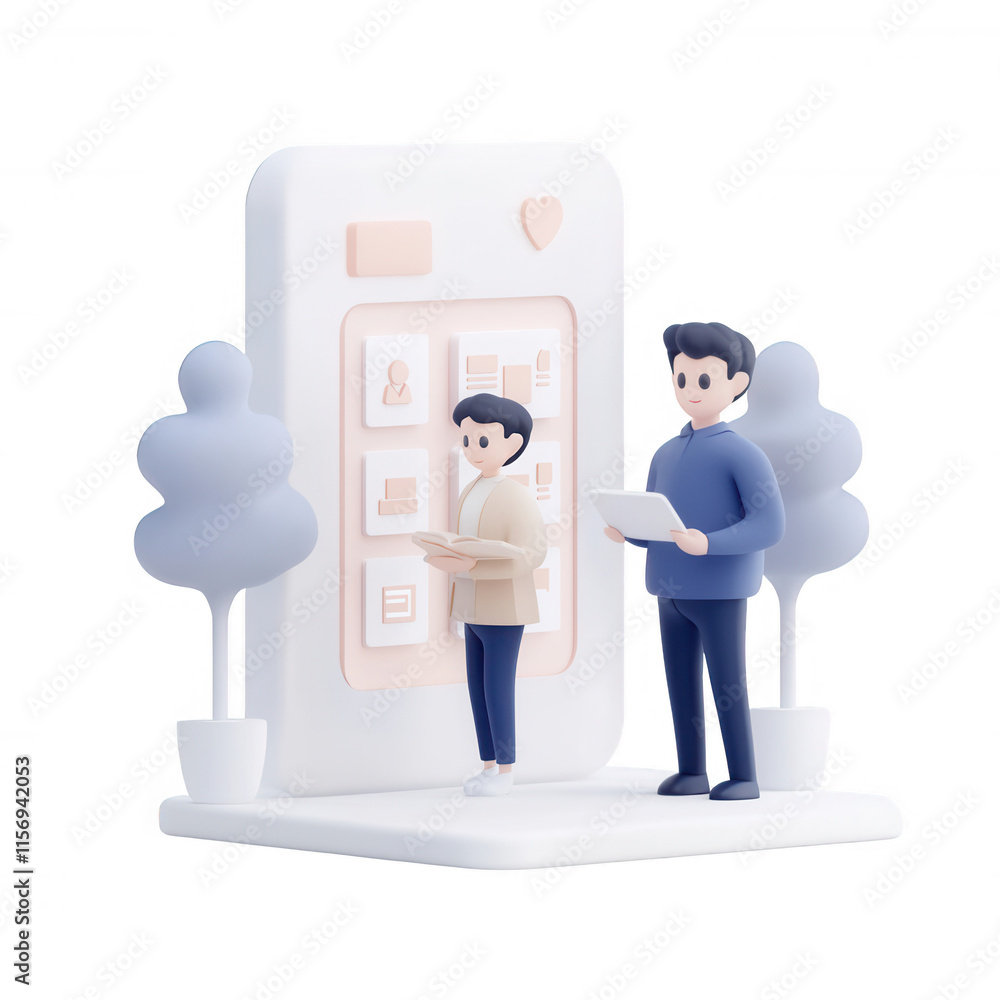 Poster two characters interacting with a mobile app in a minimalist digital environment., isolated on a tra