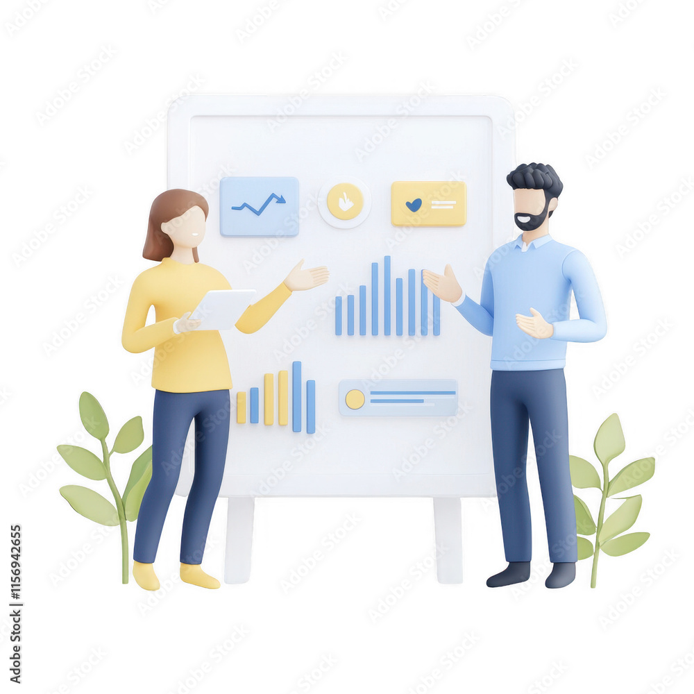Aufkleber two professionals discussing data insights and trends visually represented on a board., isolated on 