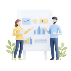 Two professionals discussing data insights and trends visually represented on a board., isolated on a transparent background.