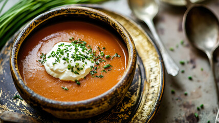 Elegant lobster bisque: crème fraîche, fresh chives.  Delicious, gourmet, fine dining.