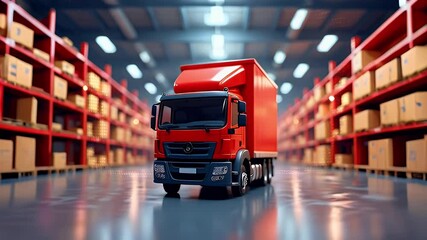 A miniature red truck in a warehouse filled with boxes, symbolizing logistics and transport.