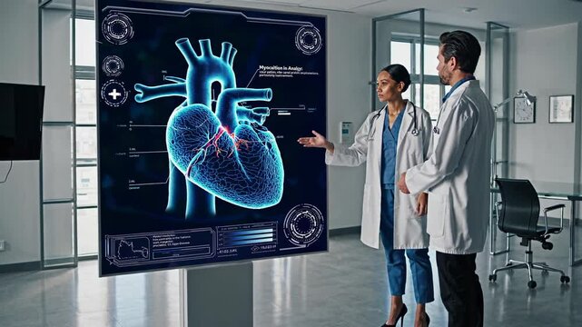 Medical professionals discuss advanced cardiac imaging technology in a healthcare setting