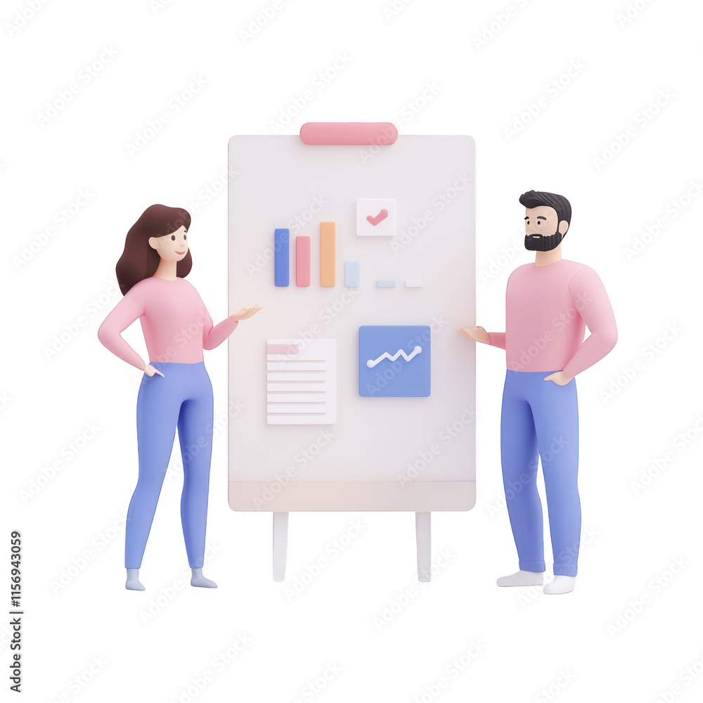 Poster two professionals presenting data on a presentation board in a modern office setting., isolated on a
