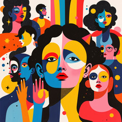 A colorful painting of people with a woman in the center. The woman has a red lip and is wearing a red shirt. The painting is a collage of different people with different colors and styles