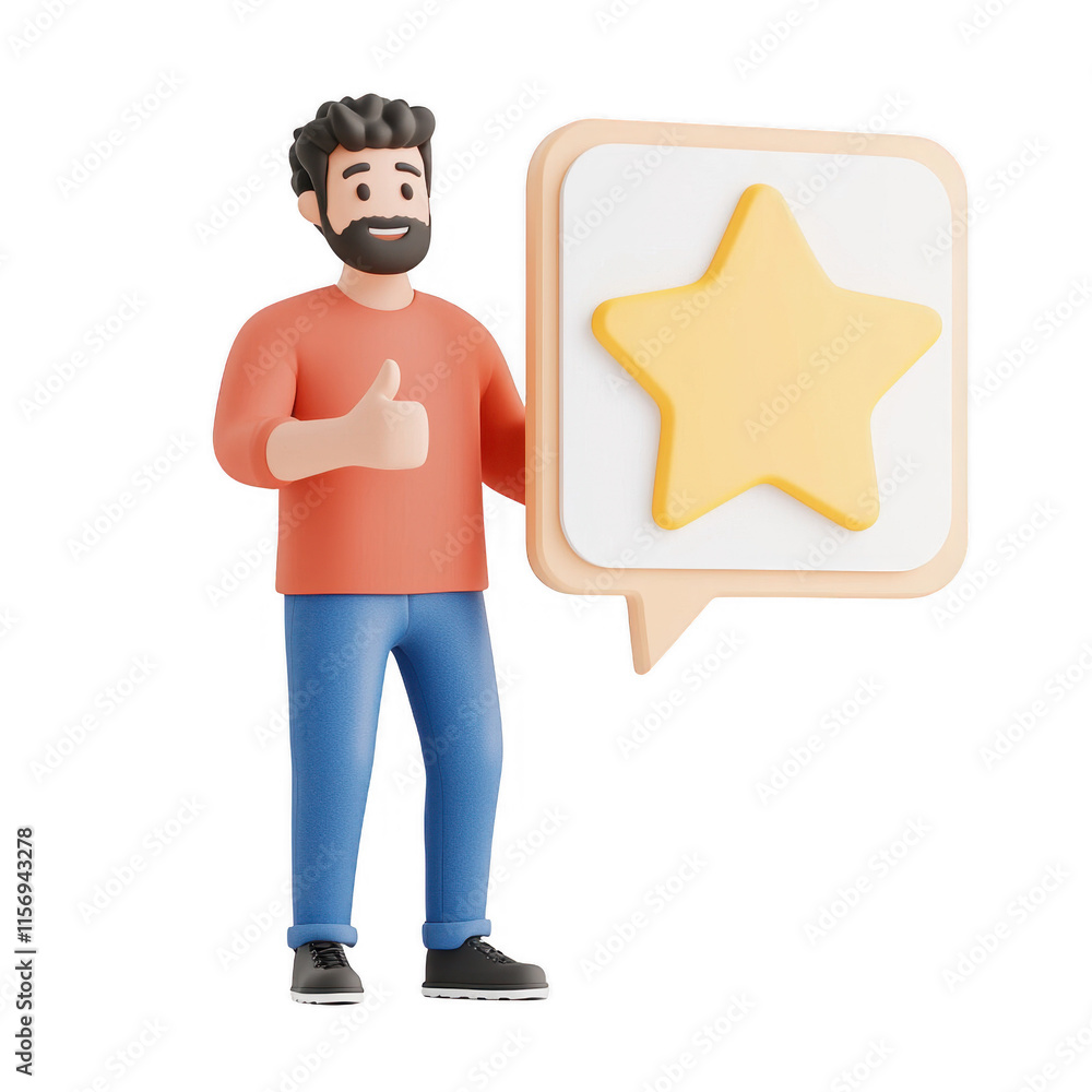 Poster 3d character showing enthusiasm with a thumbs up and a congratulatory message., isolated on a transp