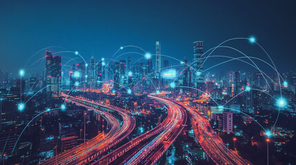 Fototapeta premium Smart digital Innovation city with connection network reciprocity over the cityscape. of future smart wireless digital city and social media networking systems that connects people with in city