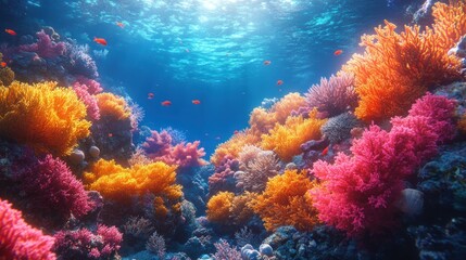 Vibrant underwater scene showcasing colorful coral reefs and aquatic life.