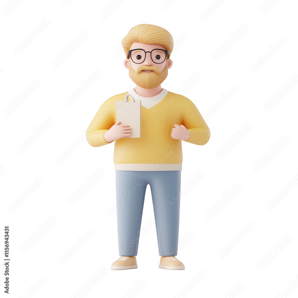 Poster a 3d character in casual attire holding a notepad, representing modern business concepts., isolated 