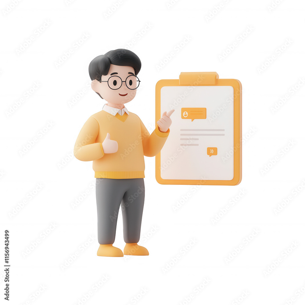 Poster a 3d character presenting a note with positive feedback in a modern workspace., isolated on a transp