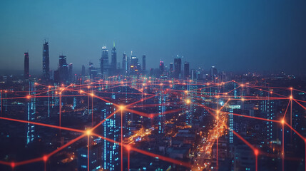 Fototapeta premium Smart digital Innovation city with connection network reciprocity over the cityscape. of future smart wireless digital city and social media networking systems that connects people with in city