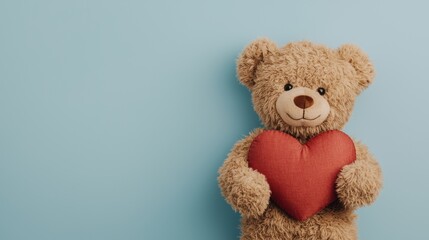 Obraz premium valentine affection concept Teddy bear holding a heart on a blue background.