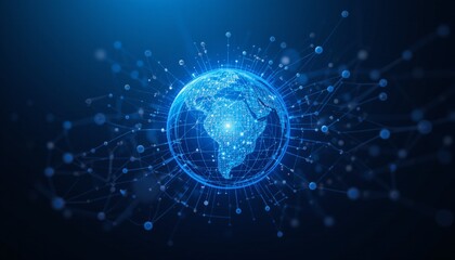 The Earth globe depicted with surrounding lines and dots, representing a network of connections across the planet, Technology 3d globe planet earth