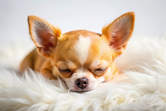 Sweet dreams! A tiny Chihuahua puppy sleeps soundly, a precious pet portrait against a white backdrop.