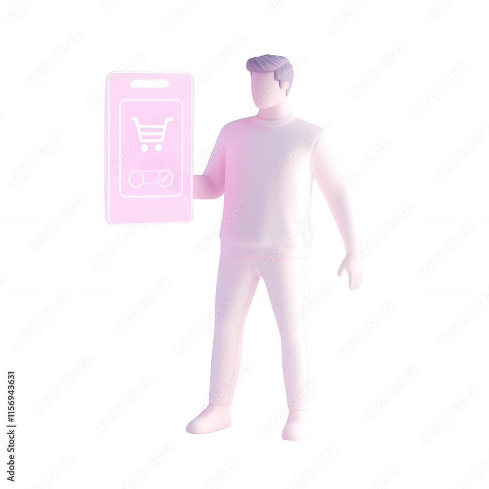 Poster a 3d figure displaying a smartphone with a shopping cart icon., isolated on a transparent background