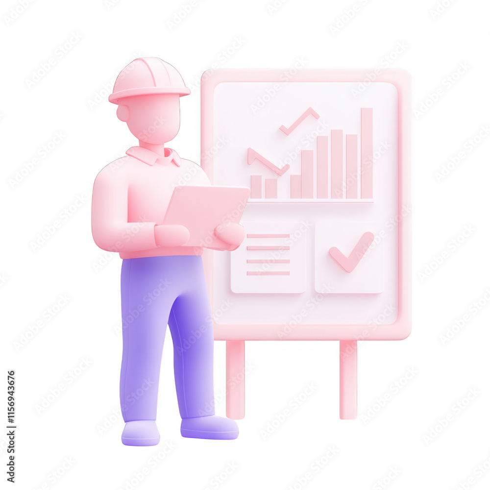 Poster a 3d illustration of a construction worker analyzing project data on a board., isolated on a transpa