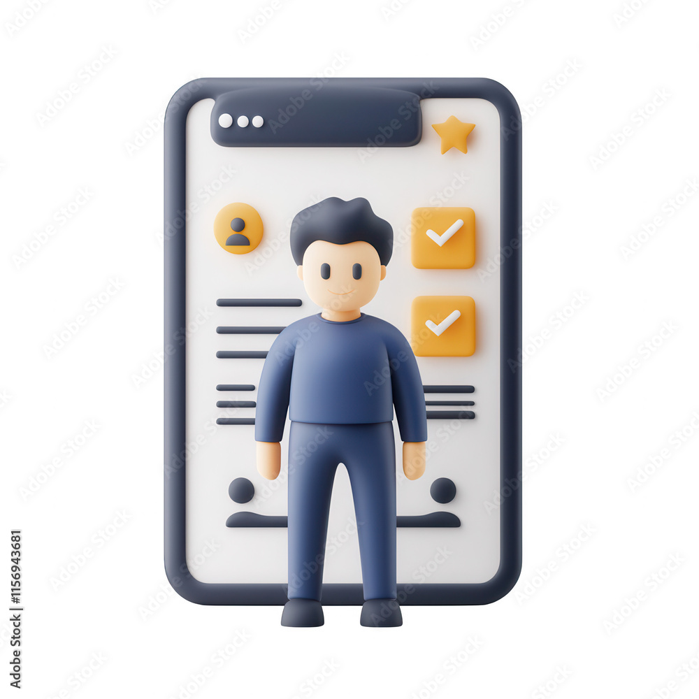 Aufkleber a 3d illustration of a person standing beside a checklist on a mobile interface., isolated on a tran