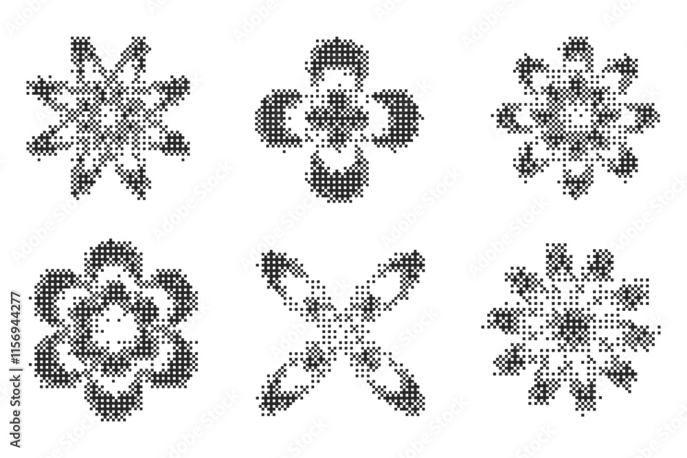 Poster pixel pattern shapes. textured flower with bitmap y2k dither gradient. retro vector star with old co