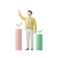 A cheerful businessman with bar graphs representing success and achievement., isolated on a transparent background.