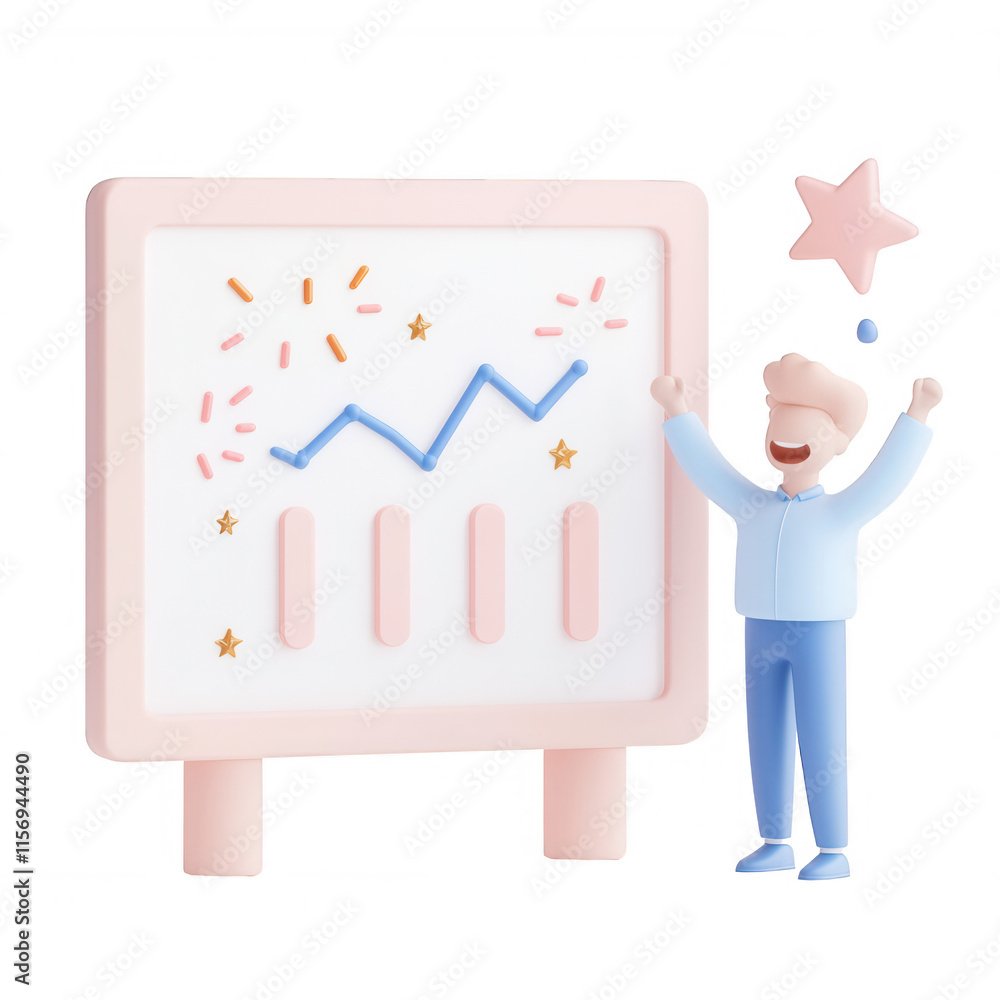 Poster a cheerful character celebrating a rising graph on a presentation board., isolated on a transparent 