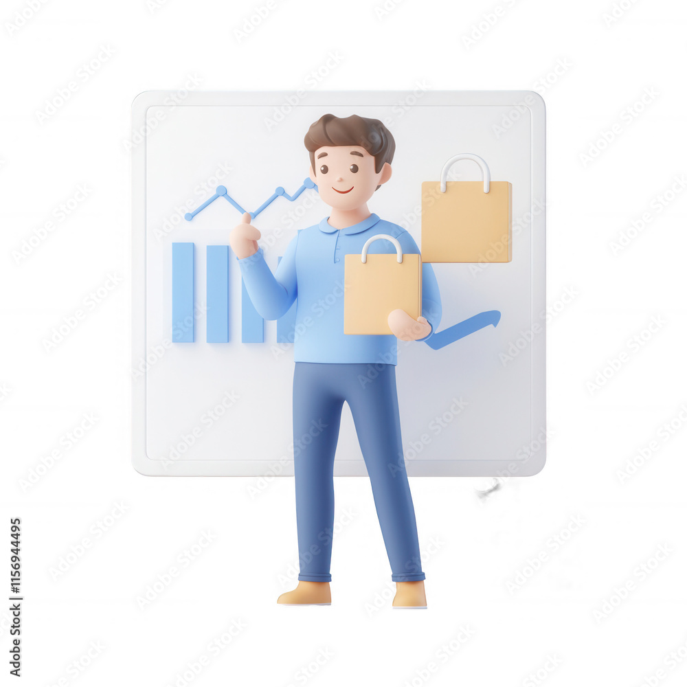 Poster a cheerful character analyzing business data with shopping bags., isolated on a transparent backgrou