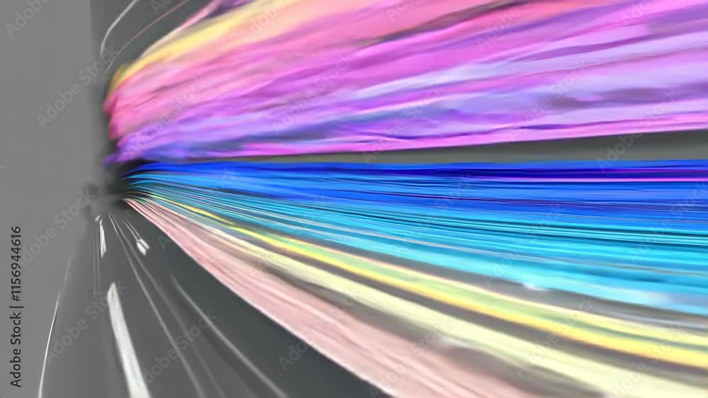 Poster dynamic multicolor ribbon-like flow with vibrant hues on a gray background.