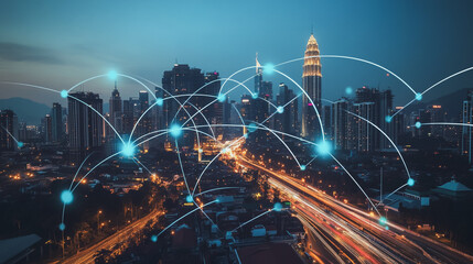 Fototapeta premium Smart digital Innovation city with connection network reciprocity over the cityscape. of future smart wireless digital city and social media networking systems that connects people with in city