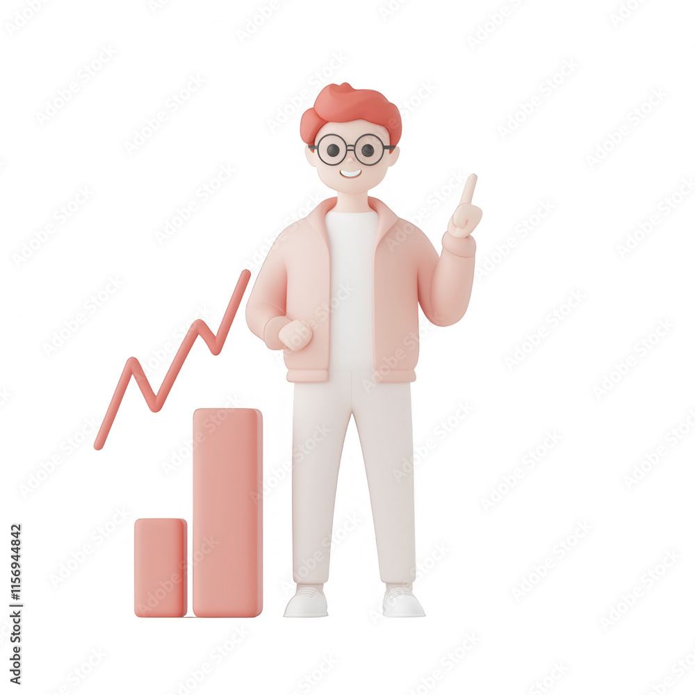 Poster a cheerful character representing business growth and success with graphs., isolated on a transparen